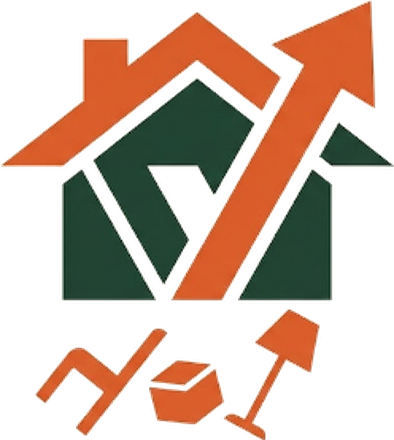Logotipo de Vaciado de Pisos Valencia: casa con flecha ascendente y herramientas de trabajo